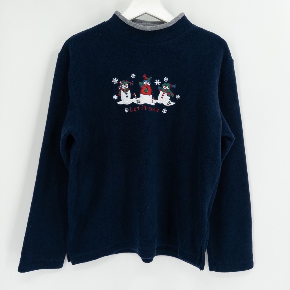Vintage Christmas Fleece Sweatshirt Women PM Navy Snowman Embroidered Holiday